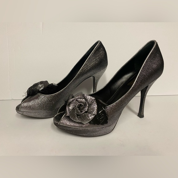 Louis Vuitton open toe pumps heels silver black 37.5 - Picture 1 of 11